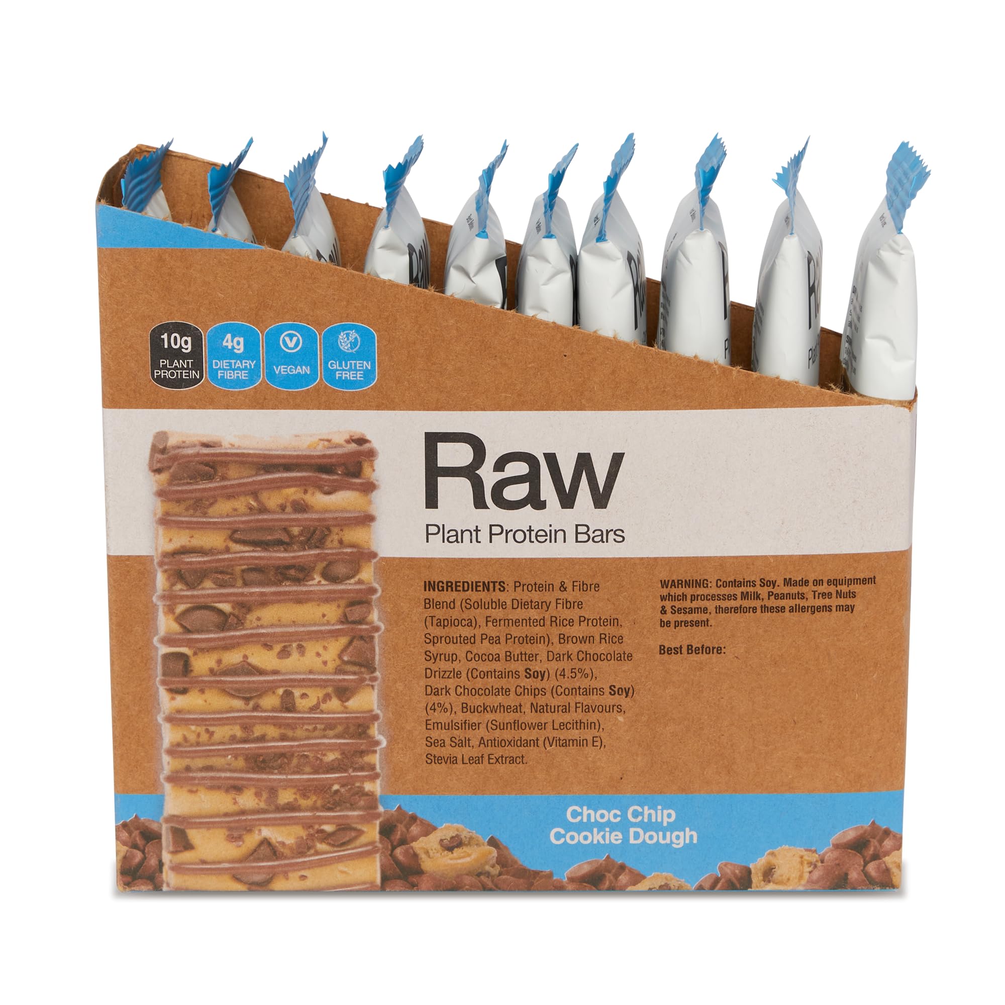 image_3 Raw Protein Bar Choc Chip Cookie Dough – 10g Plant Protein, Vegan, Gluten-Free, Non-GMO, Clean Ingredients List, 4g Prebiotic Dietary Fiber, 40g x 10 Pack - Image 1